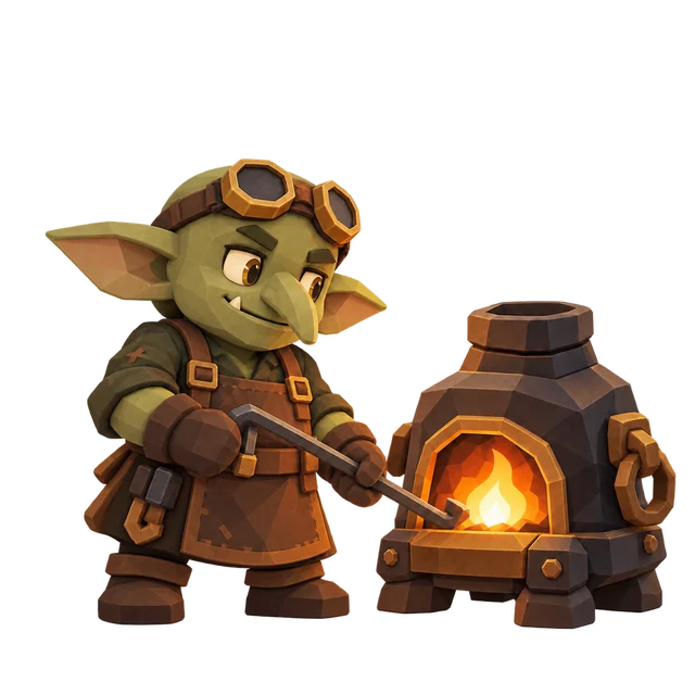 Nilbog furnace keeper with olive skin, wide ears and brass goggles tending a warm forge