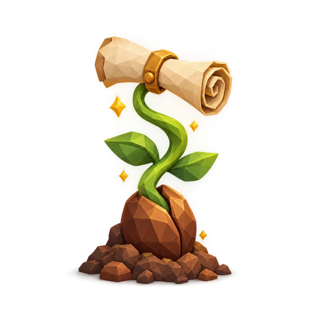 A faceted seed in a mound of earth sprouting a green stem that unfurls into a rolled parchment scroll