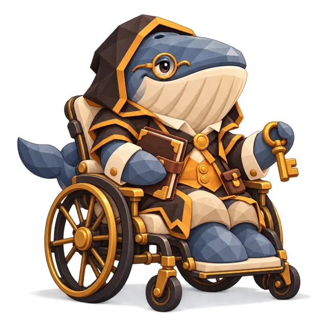 Whale Banker concept seated in a wheelchair, with a ledger and key