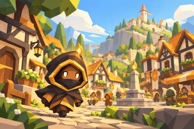 Concept art of adventurers visiting a welcoming fantasy village