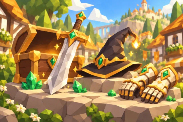 Concept art of rare fantasy weapons and equipment displayed as treasure