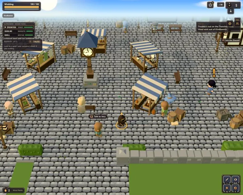 Kindlewick in the game: a Wickling in the cobbled market square between striped stalls, with the clock post and quest log on screen