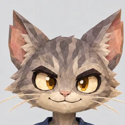 Portrait of a Nhyan: a low-poly tabby cat kin with amber eyes