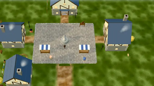 Baghold in the game: a paved square with striped market stalls and blue-roofed houses