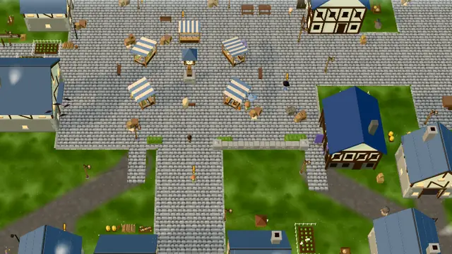 Kindlewick from above in the game: a cobbled market square with striped stalls, ringed by blue-roofed timber houses