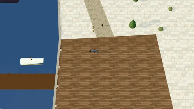 Leviathan Bay in the game: blue water, a wooden dock with a small white boat and pale stone paving