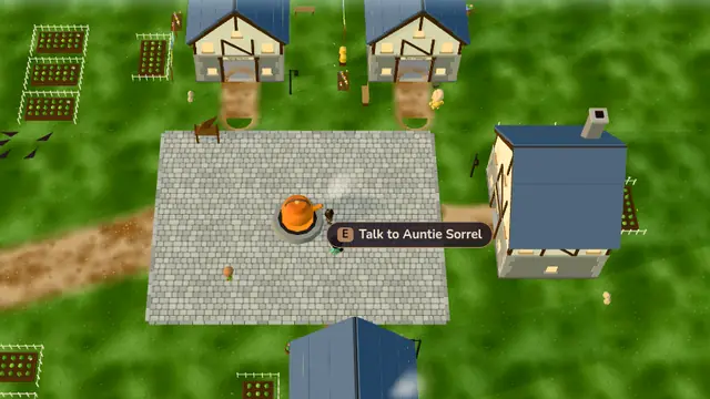 Mintby in the game: a paved square with garden plots and blue-roofed houses, and a villager to talk to