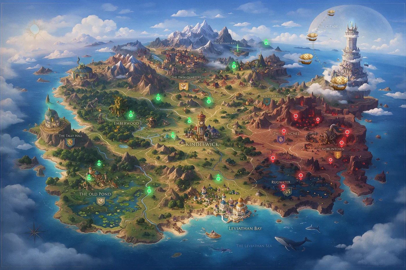 Painted world map: the route runs from Kindlewick east through the Trenches to the Spire, where airships wait to lift off for the Moon. Green and red market dots glow across the land