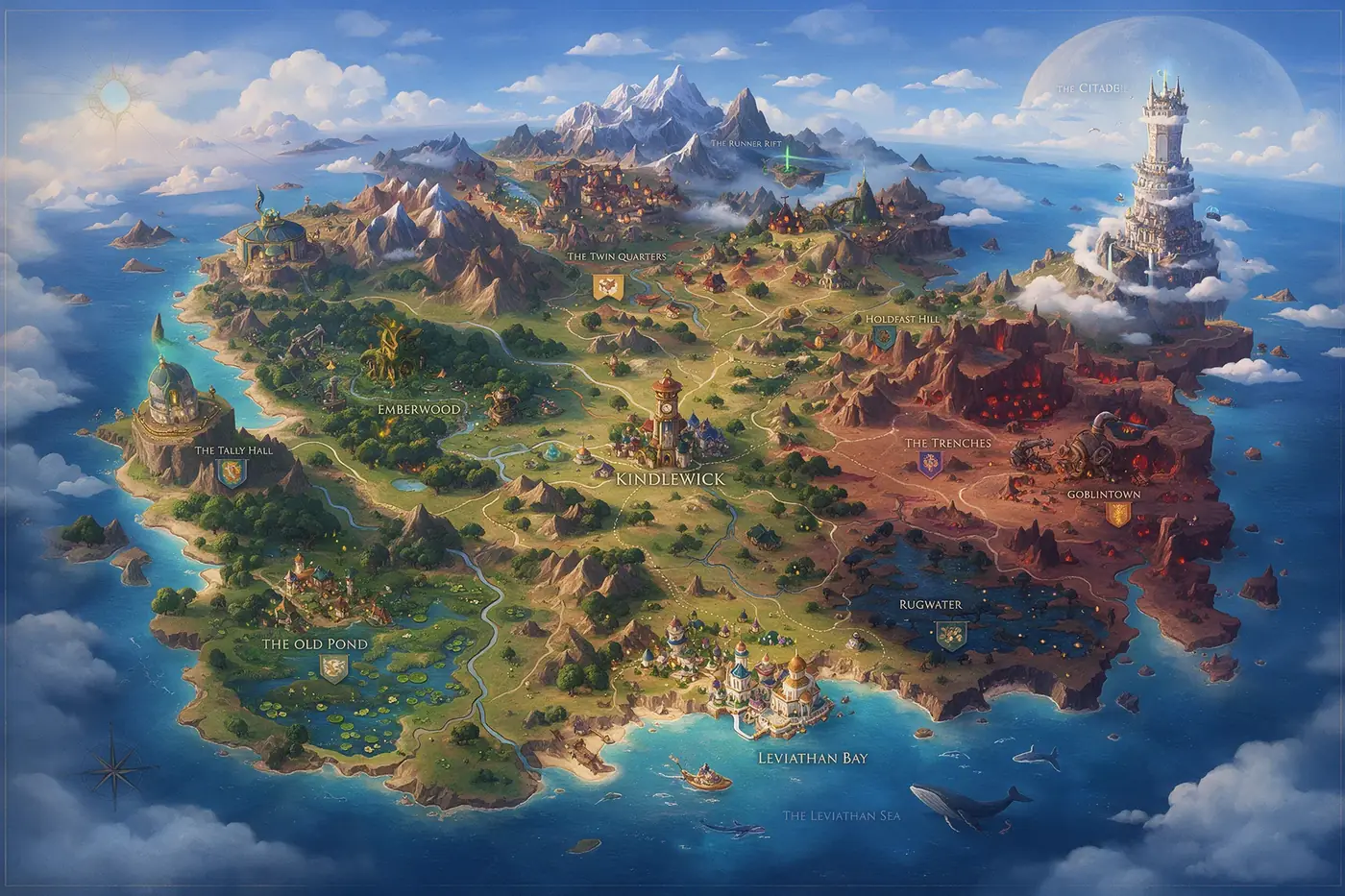 Painted map of the continent: Kindlewick in the middle, the Old Pond and Emberwood to the west, the red Trenches and Goblintown to the east, Leviathan Bay on the south coast and the Spire in the far north-east